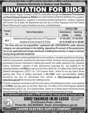 Lahore Electric Supply Company Lahore Tender Notice